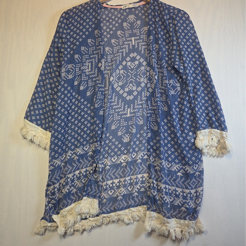 Jolt Womens M Blue Boho Kimono Cardigan Geometric Print Crochet Fringe Sheer